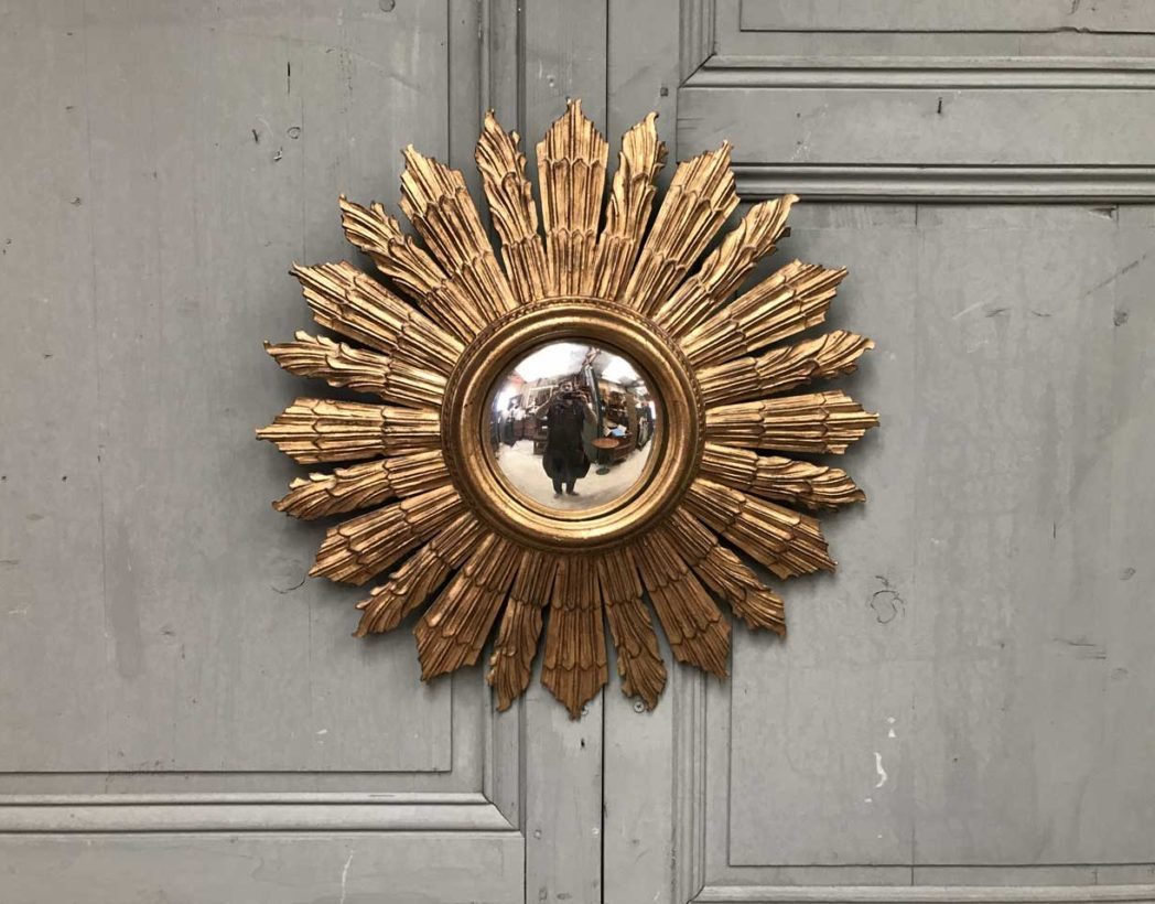 Ancien Mini Miroir Soleil - Œil de Sorcière en Bois - Vintage French Finds